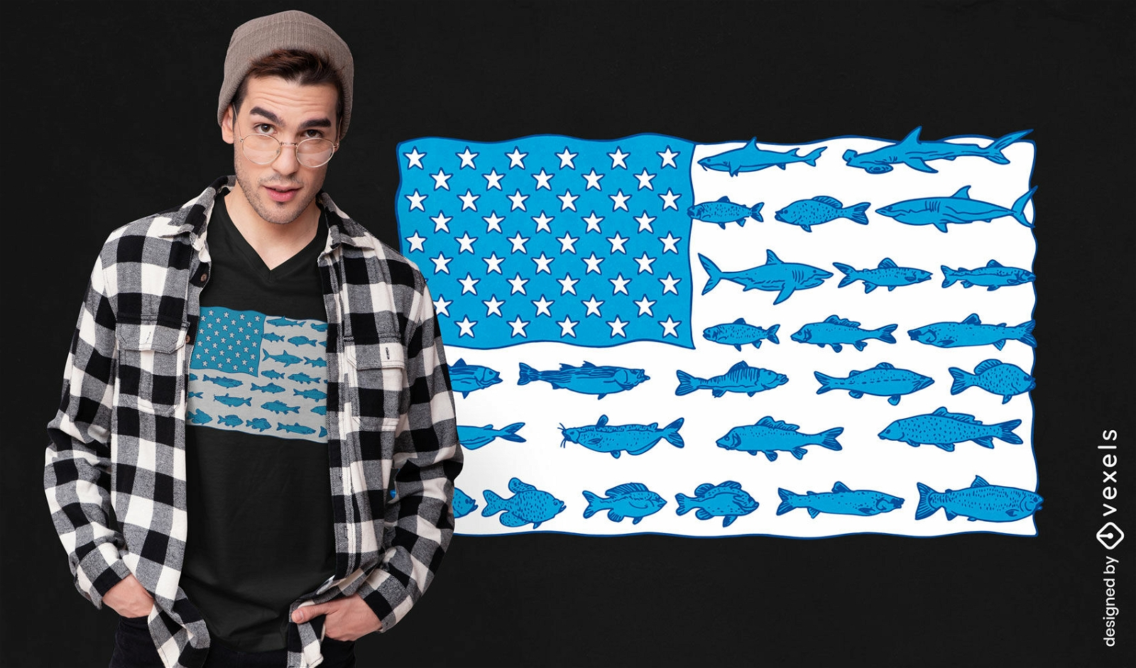 Amerikanische Flagge mit Fisch-T-Shirt-Design