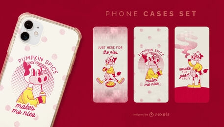 Retro cow character phone cases set