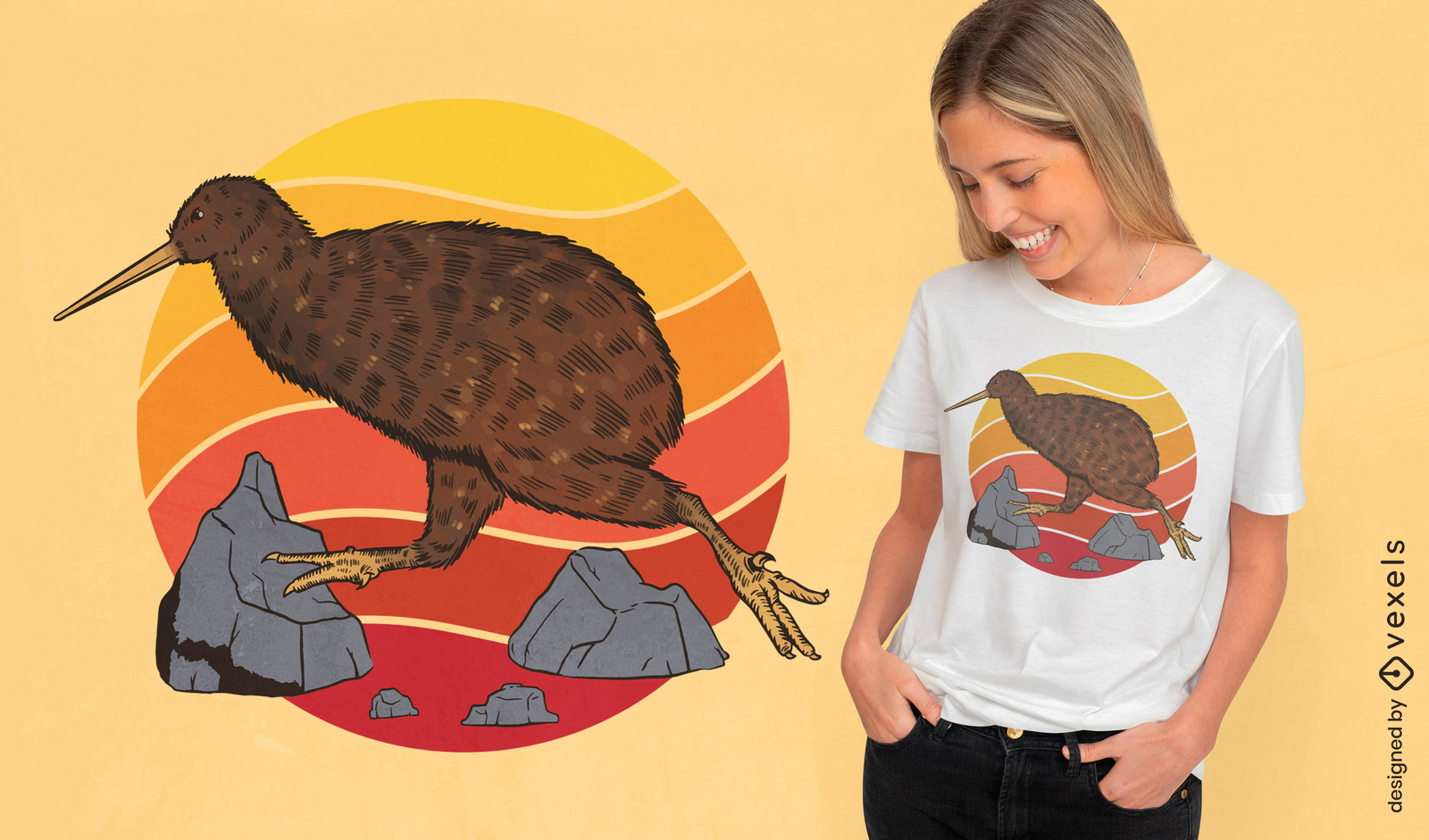 Design de camiseta do pôr do sol retrô de animal kiwi