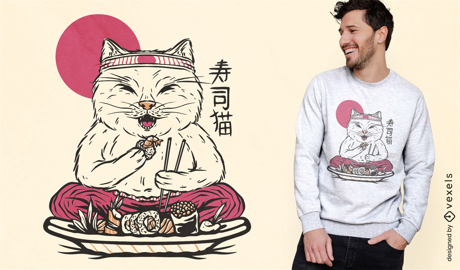 Diseño de camiseta de gato comiendo sushi.