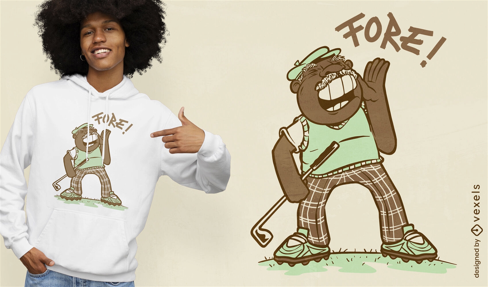 Homem negro jogando design de camiseta de desenho animado de golfe