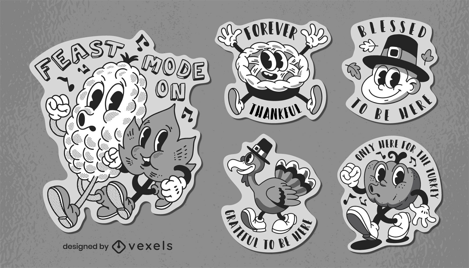 Thanksgiving retro cartoon stickers set