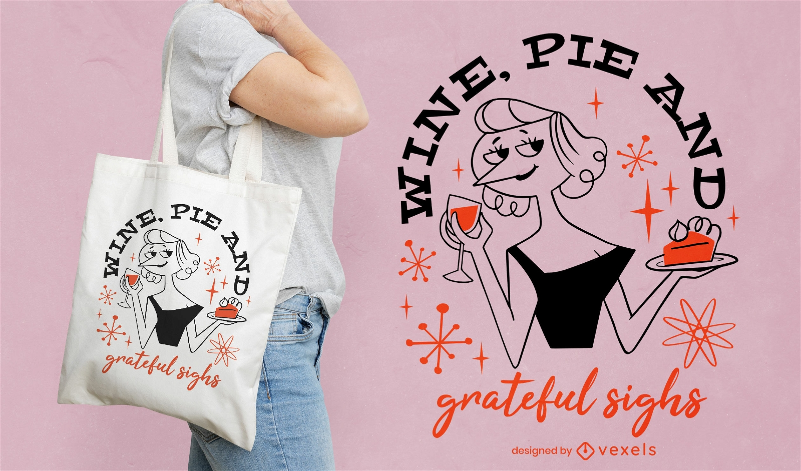 Wine and pie Thanksgiving tote bag design