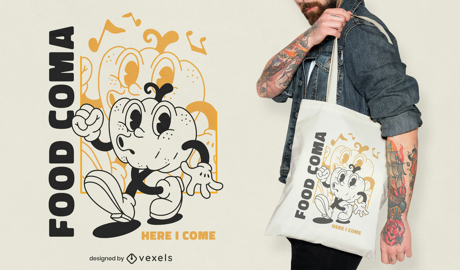 Diseño de bolsa de asas de dibujos animados retro de coma de comida