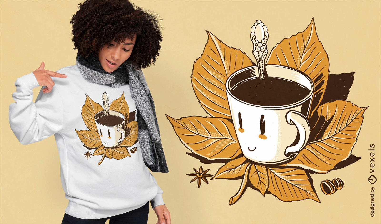Folhas de outono e design de camiseta de xícara de café
