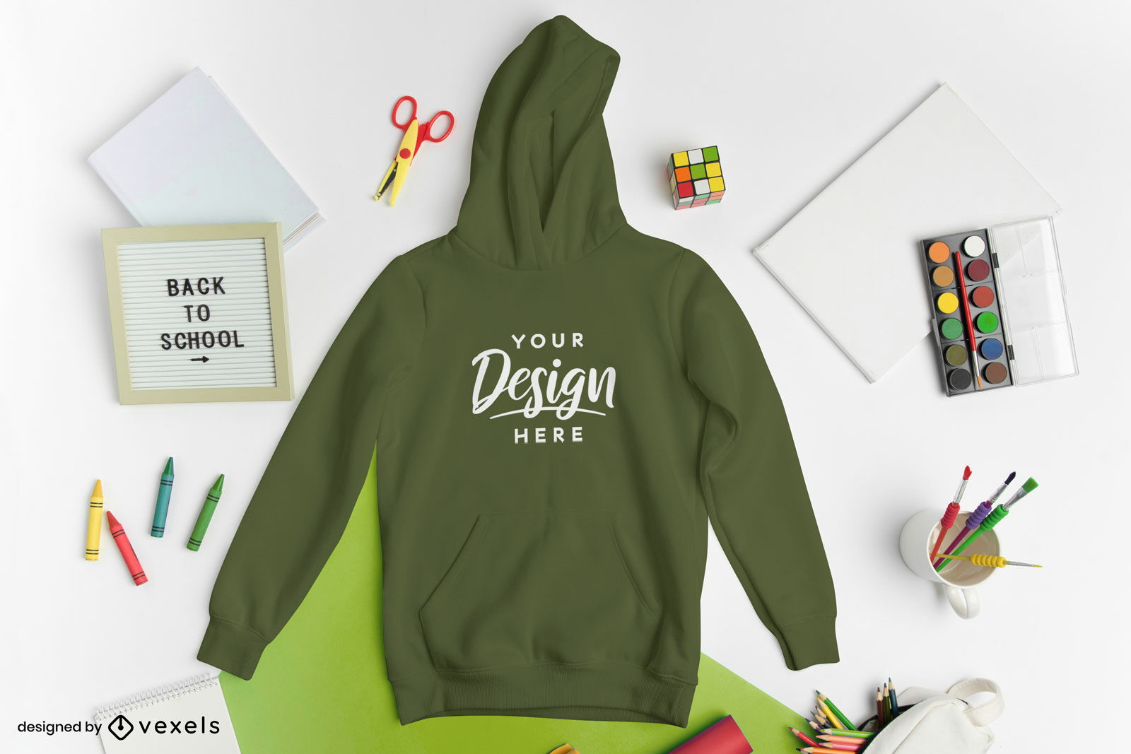 Maqueta de sudadera con capucha de útiles escolares de regreso a la escuela