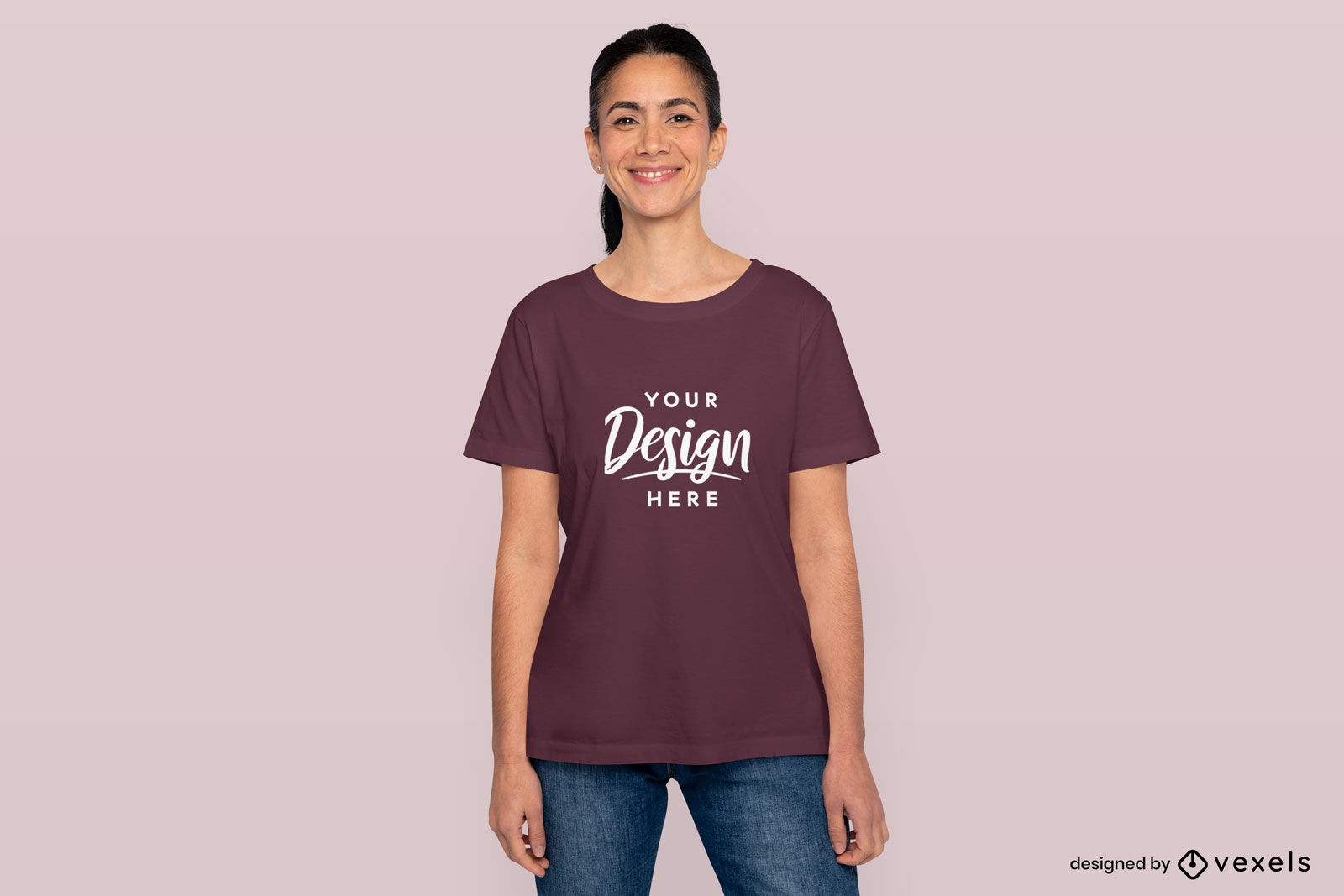 Woman smiling wearing jeand and t-shirt mockup