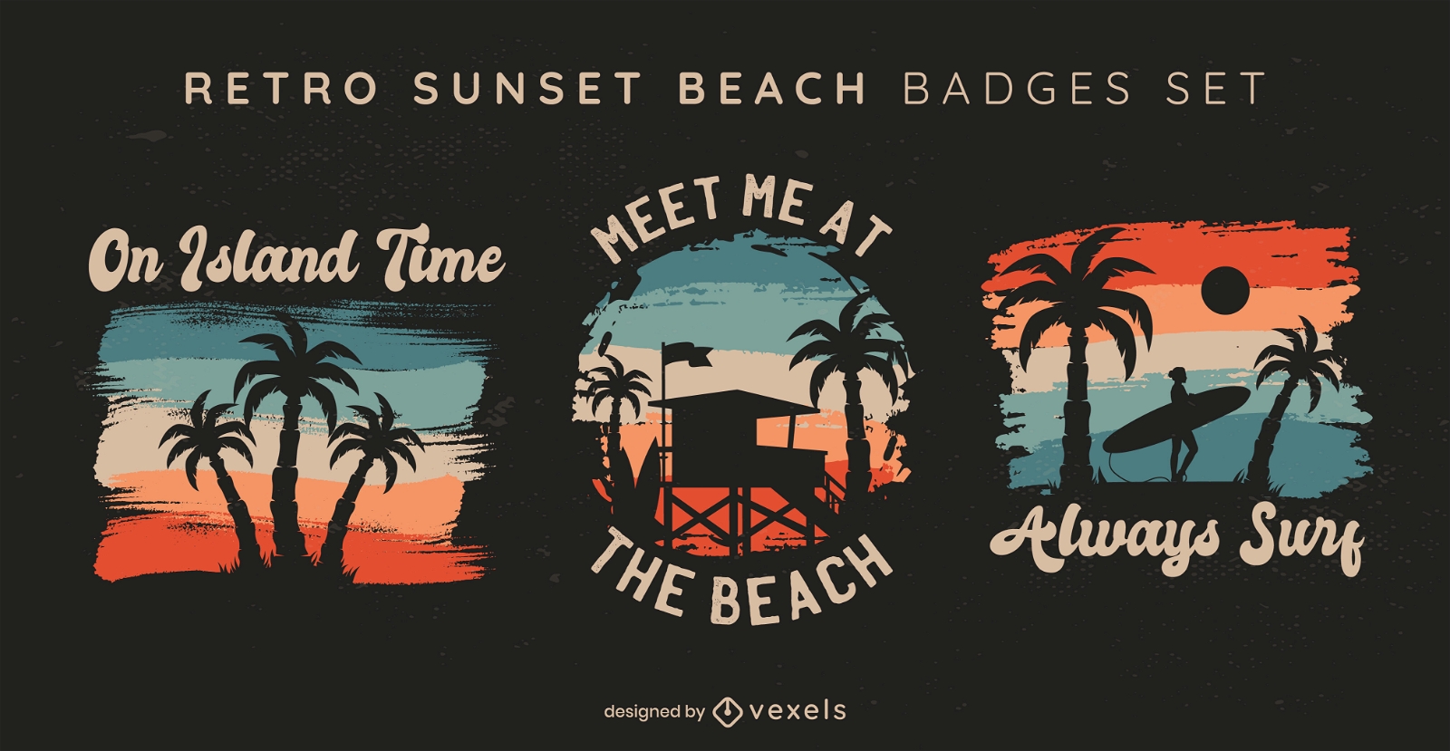 Retro sunset beach badges set