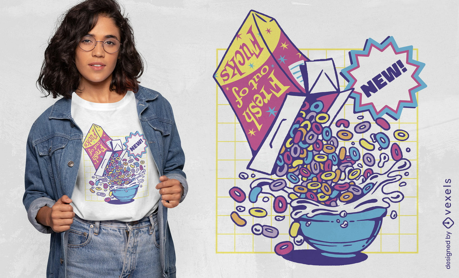 Diseño de camiseta de caja y tazón de cereales.