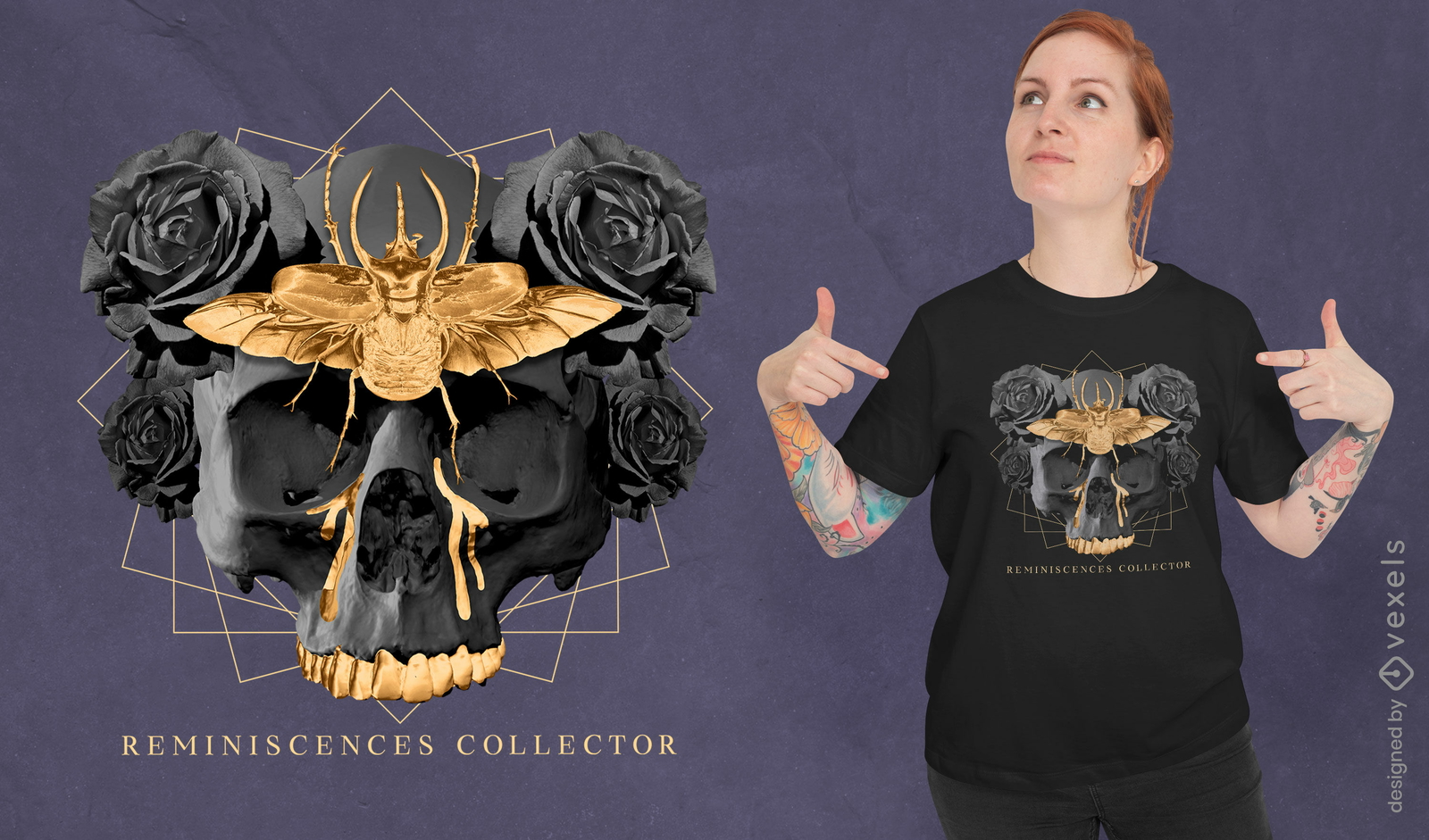 Crânio com design psd de t-shirt de bug de ouro