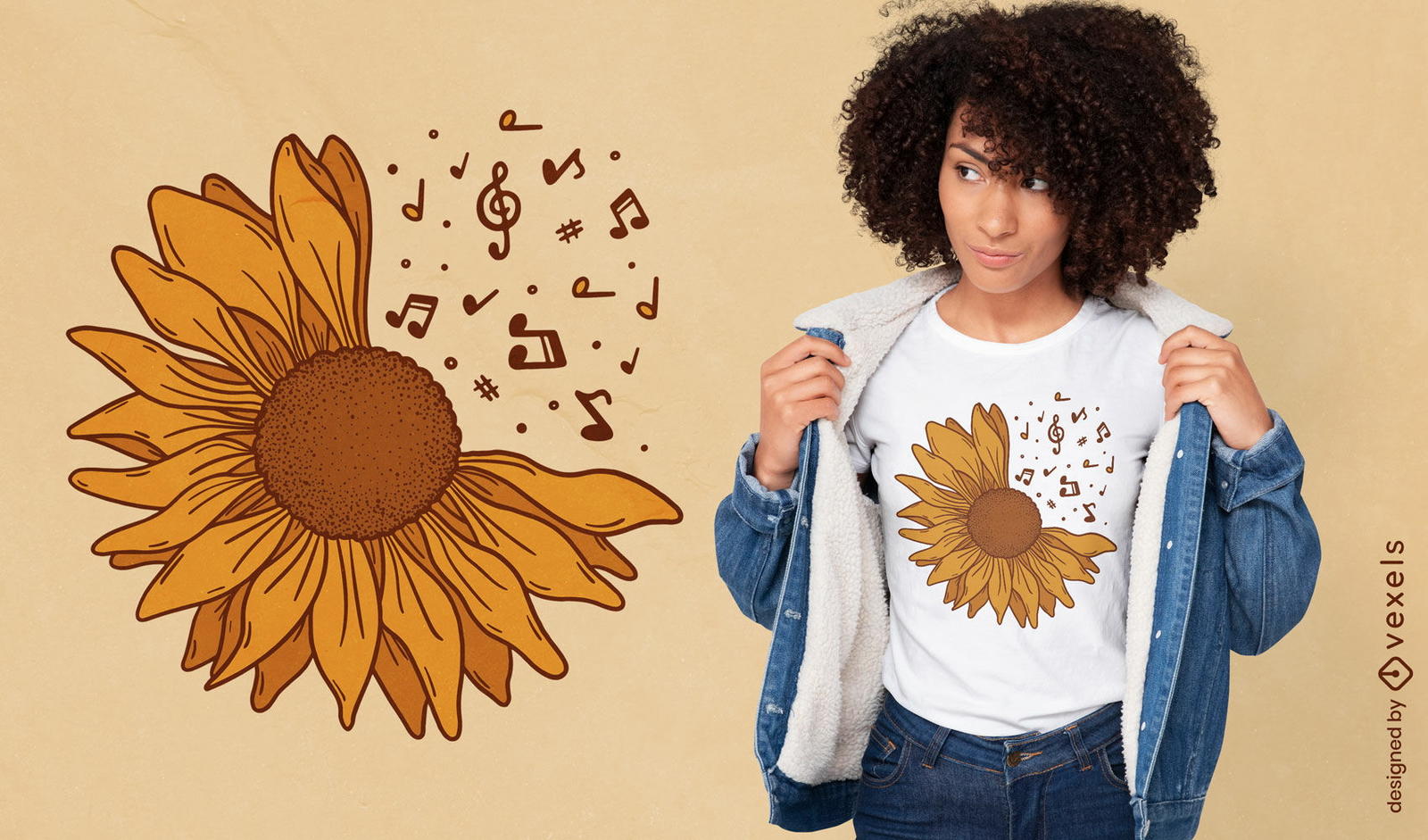 Diseño de camiseta de notas musicales de girasol.