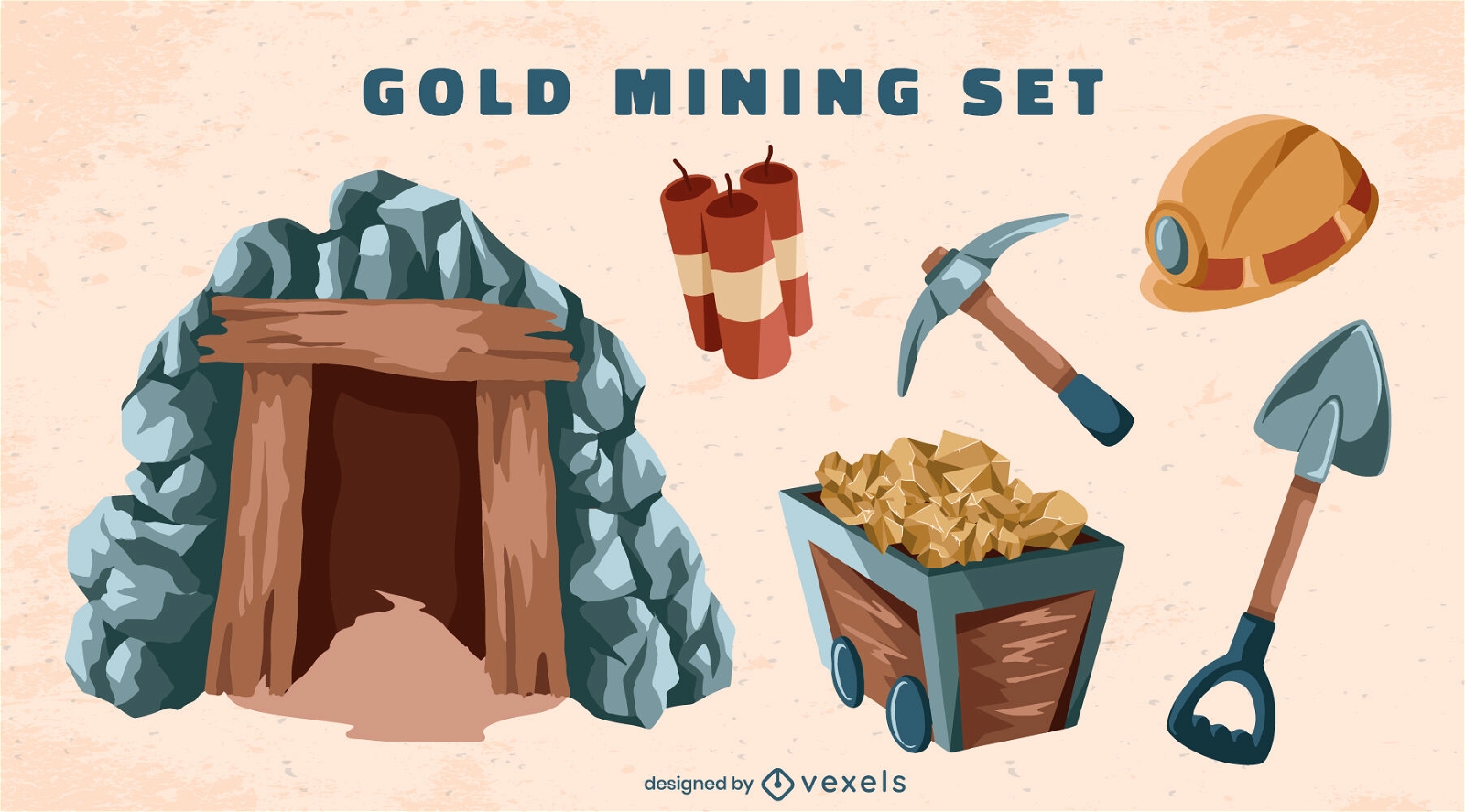 Conjunto de elementos de minería de oro.