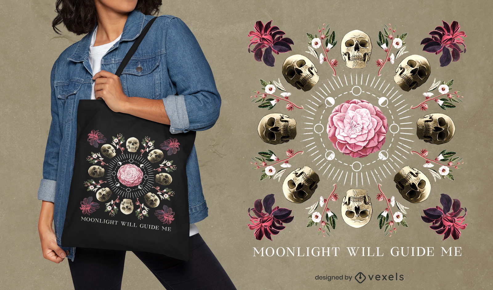 Diseño de bolso tote realista de calavera y flores.