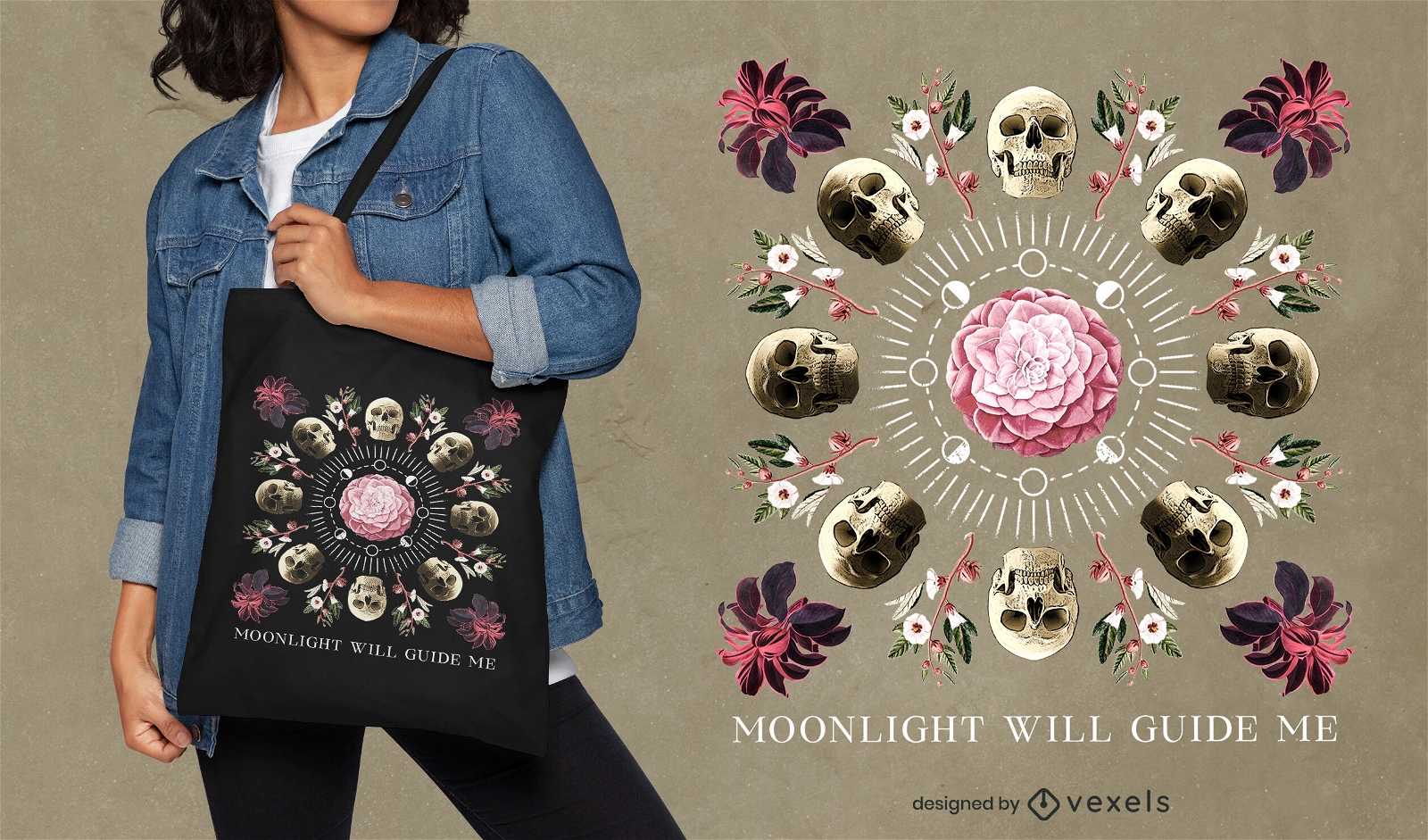 Skull and flowers realistic tote bag design