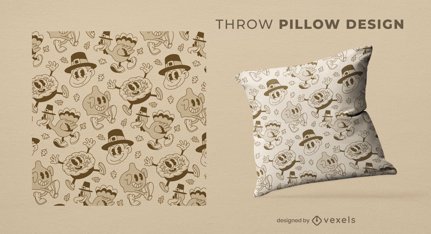Thanksgiving retro cartoons throw pillow design