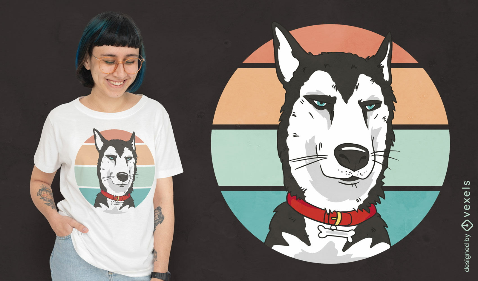 Design de camiseta retr? do p?r do sol de cachorro husky