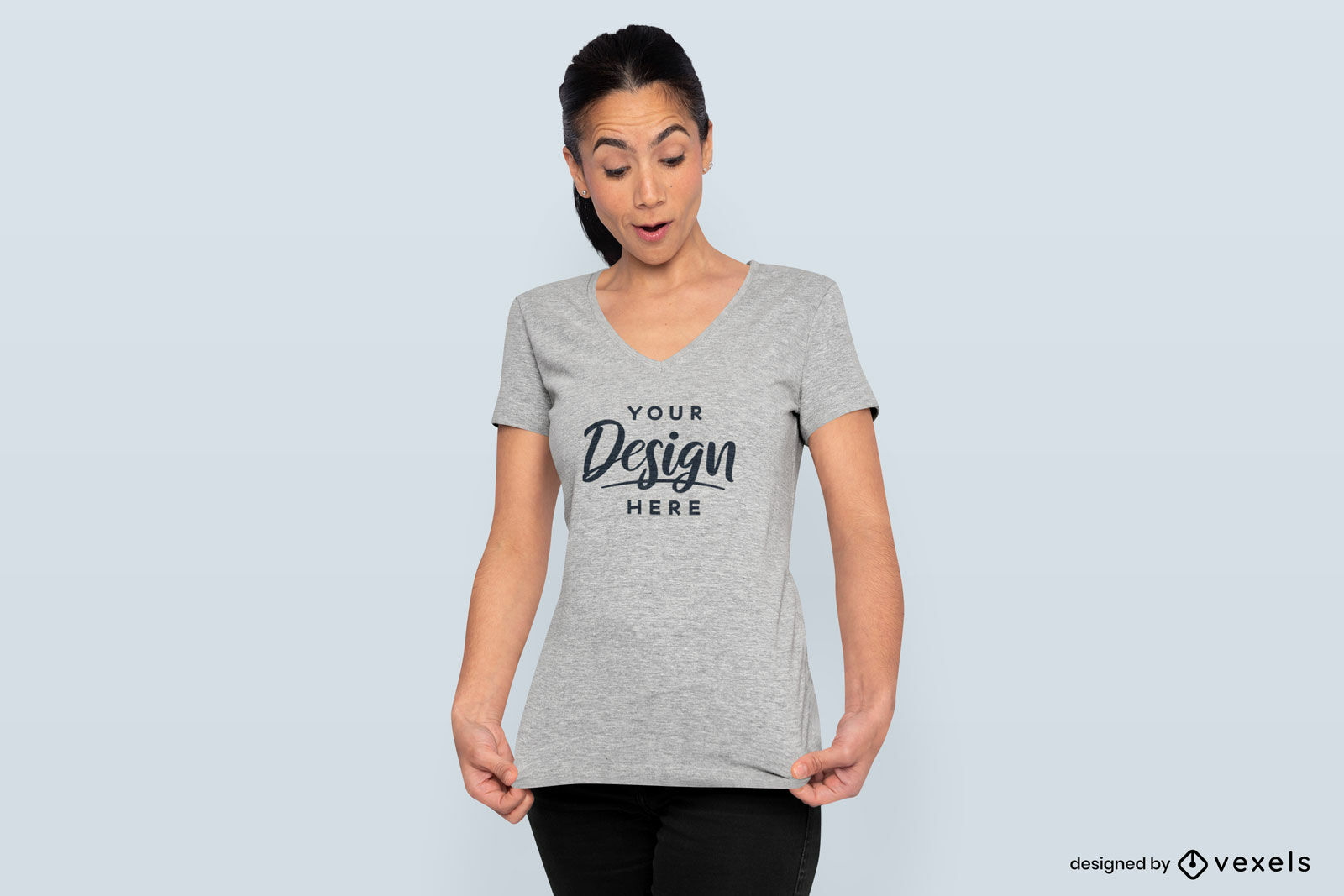 Surprised woman v-neck t-shirt mockup