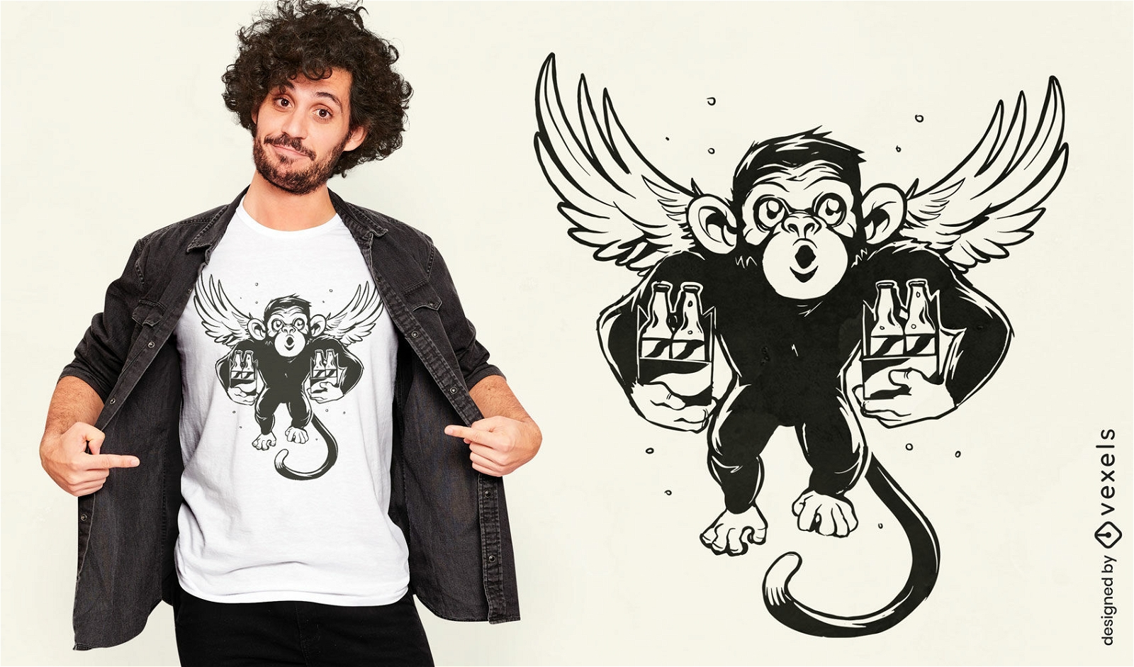 Macaco com asas e design de camiseta de cerveja