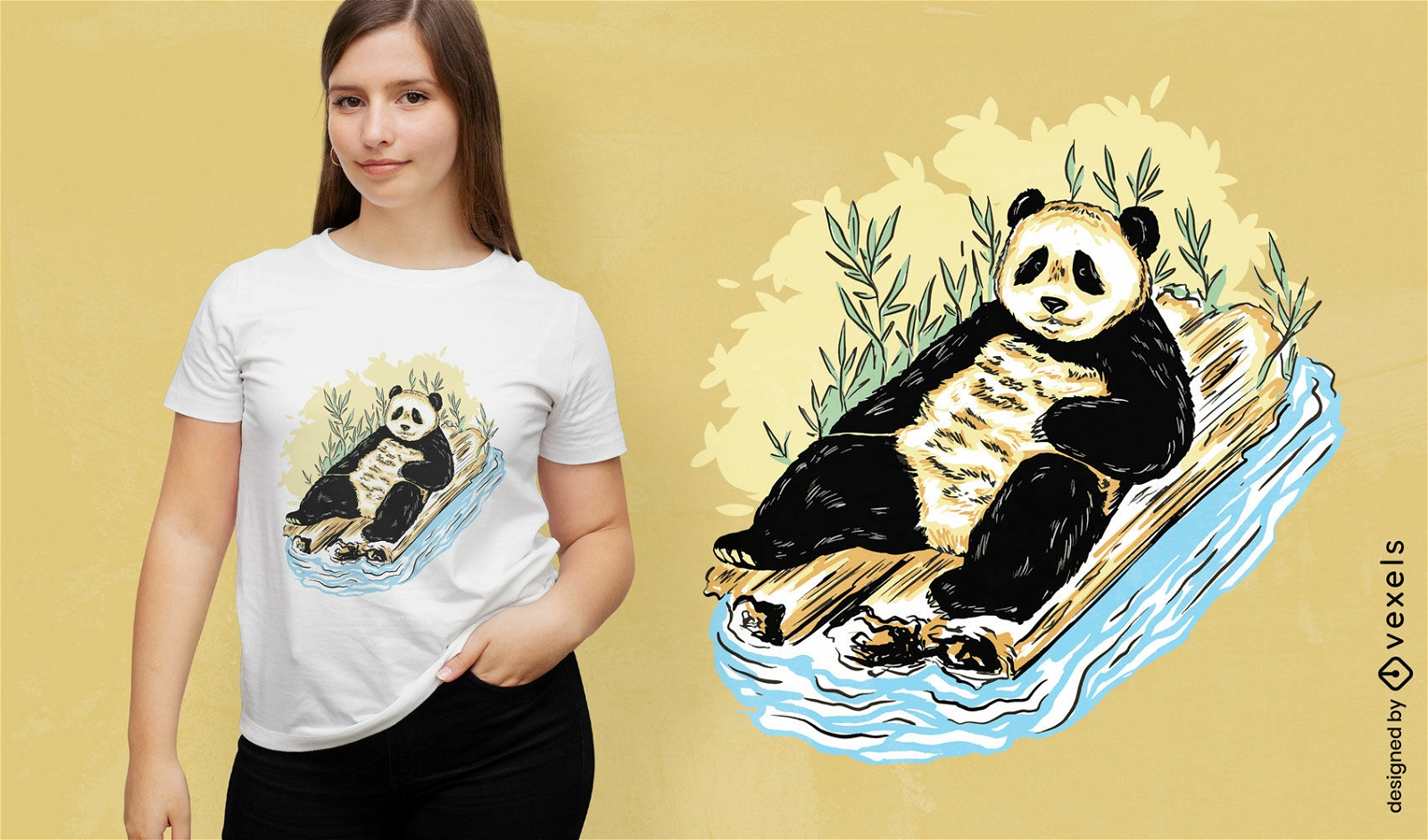 Panda auf sich hin- und herbewegendem Baumstamm-T-Shirt-Design