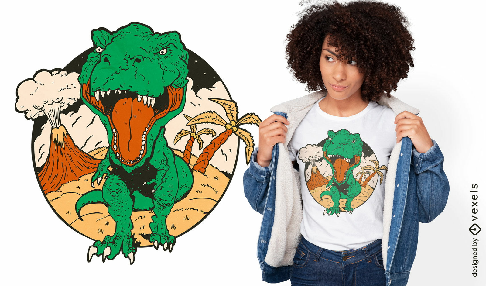 Design de camiseta vulcão T-rex