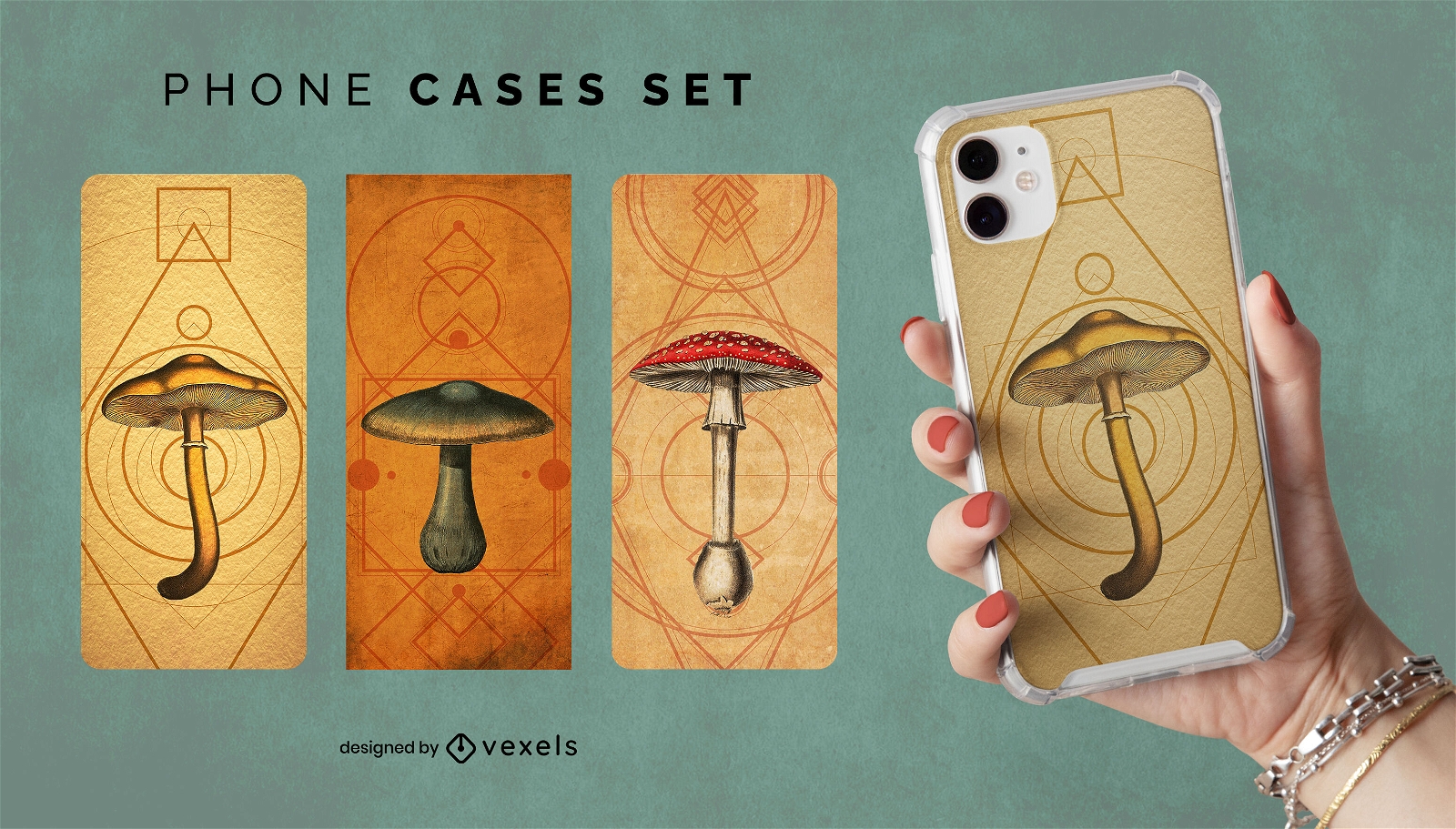 Geometric mushrooms PSD phone cases set