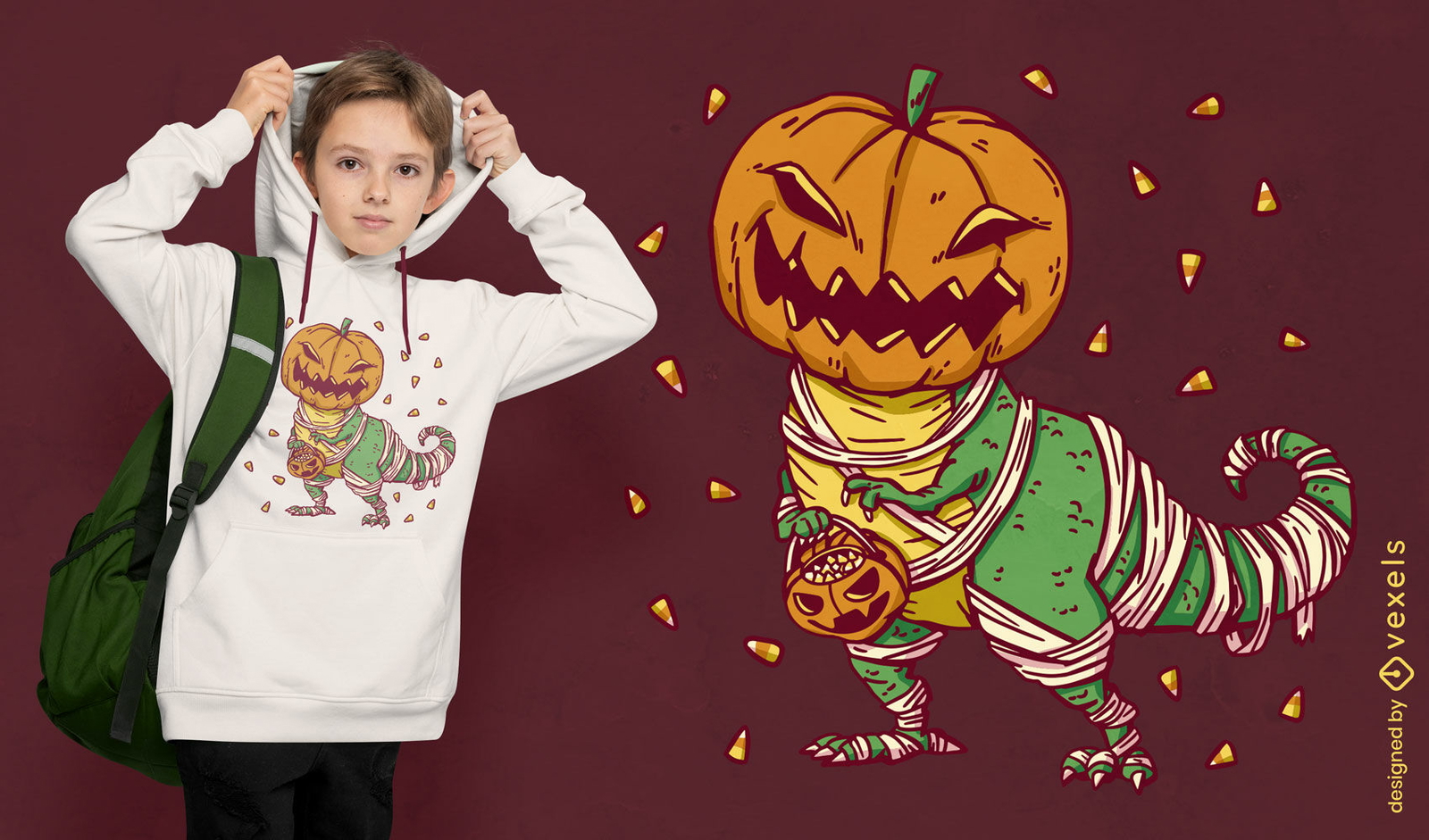 Diseño de camiseta de dibujos animados de calabaza t-rex