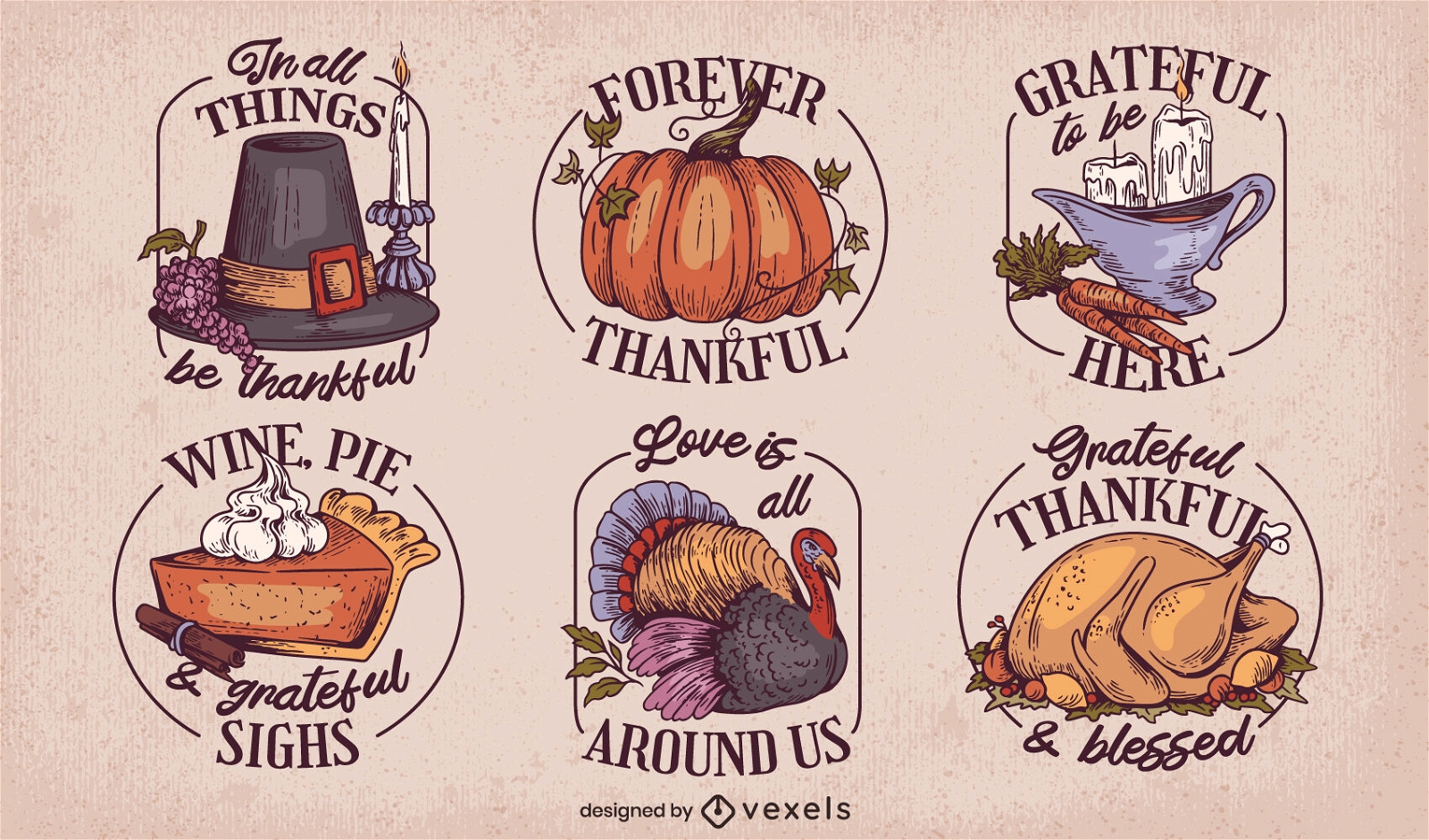 Conjunto de insignias de citas de comida de acción de gracias