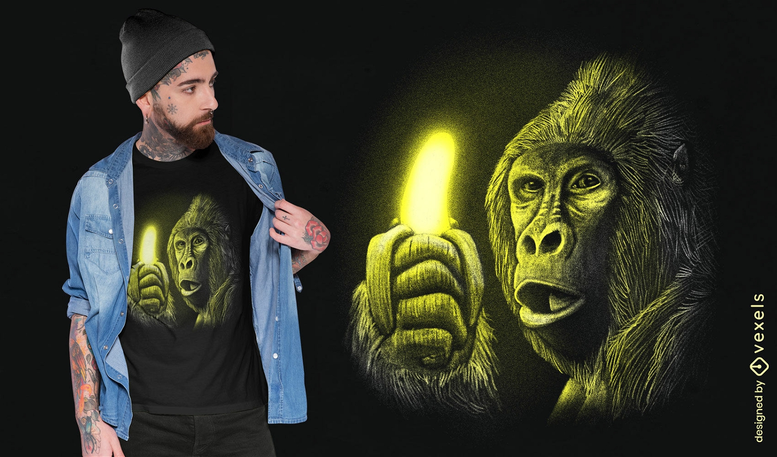Diseño de camiseta de gorila y plátano neón.