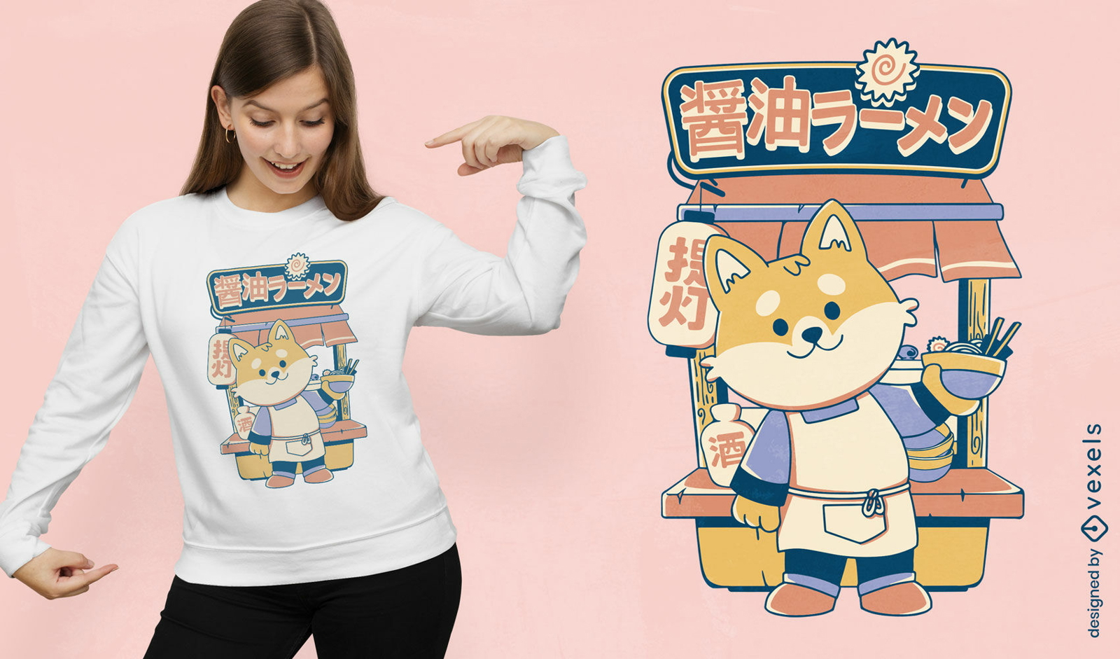 Dise?o de camiseta de dibujos animados de corgi ramen