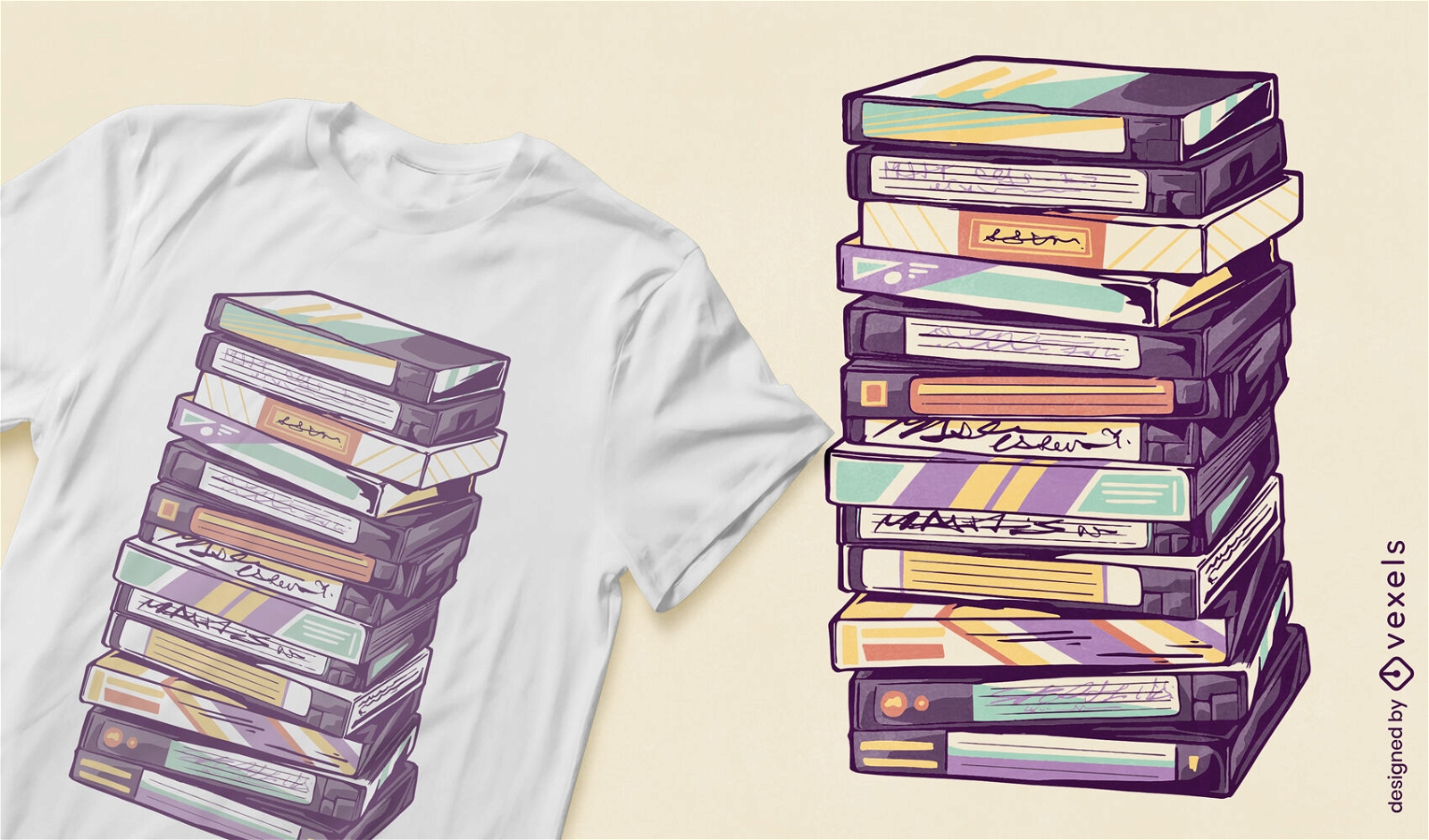 Stack of retro VHS tapes t-shirt design