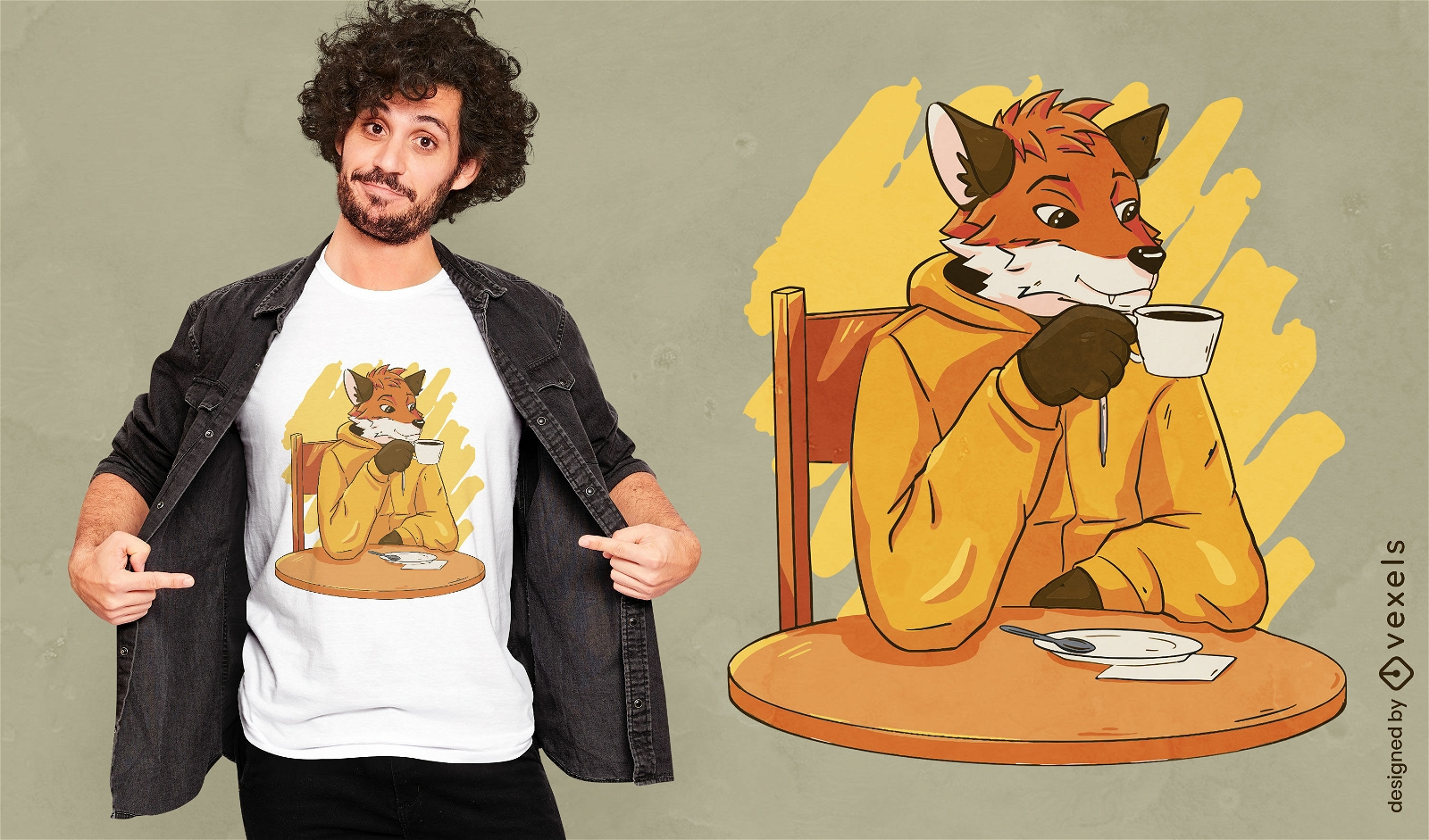 Diseño de camiseta de personaje de zorro bebiendo café