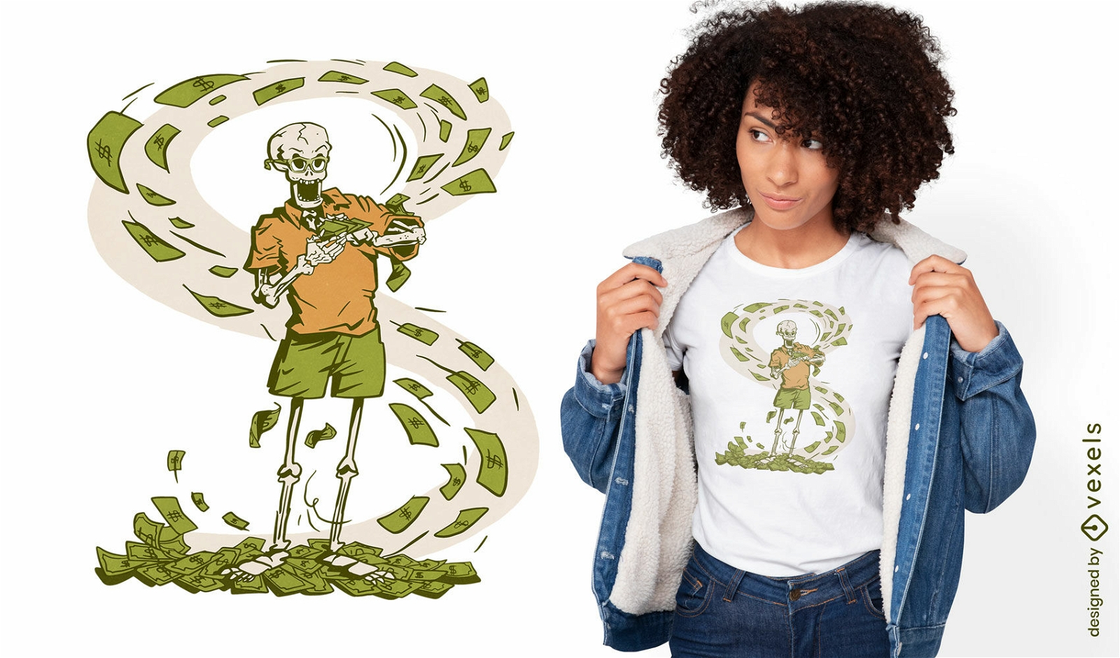 Skelett, das Geld-T-Shirt-Design wirft