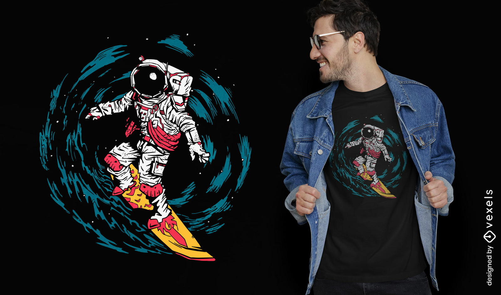 Diseño de camiseta de agujero negro de surf de astronauta