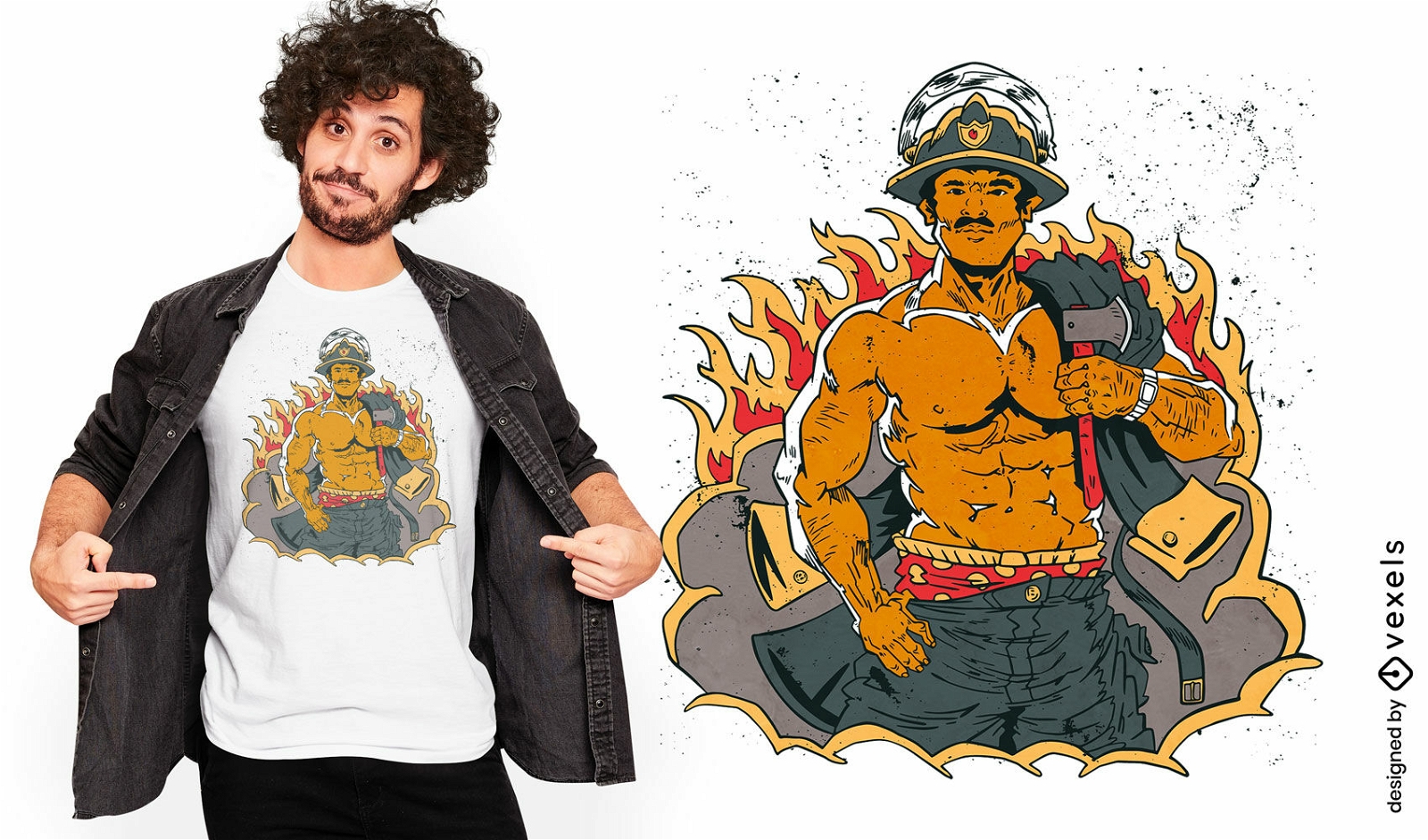 Design de camiseta de personagem de bombeiro forte