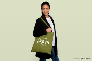 Woman with jacket and tote bag mockup