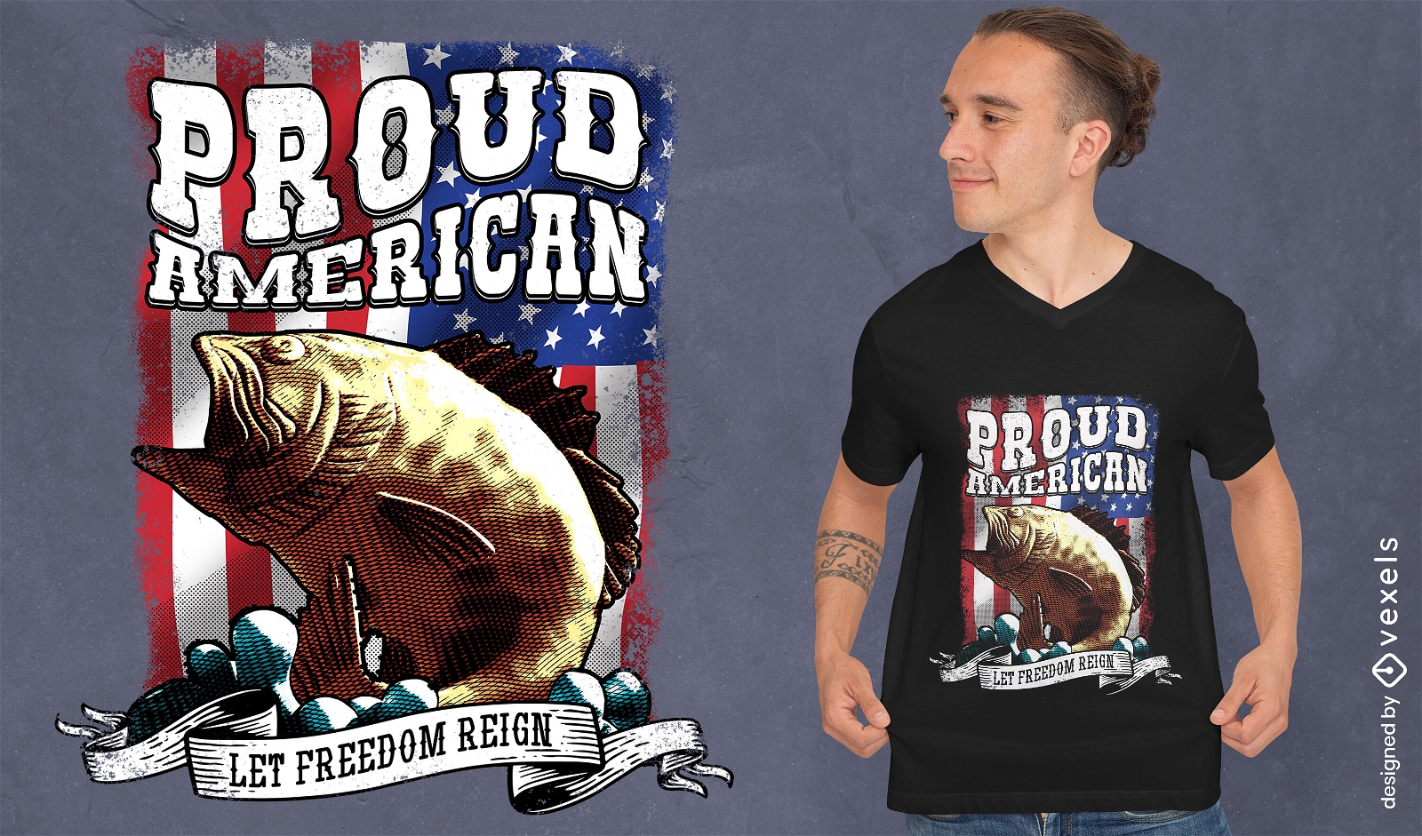 Orgulloso pez americano y bandera psd diseño de camiseta