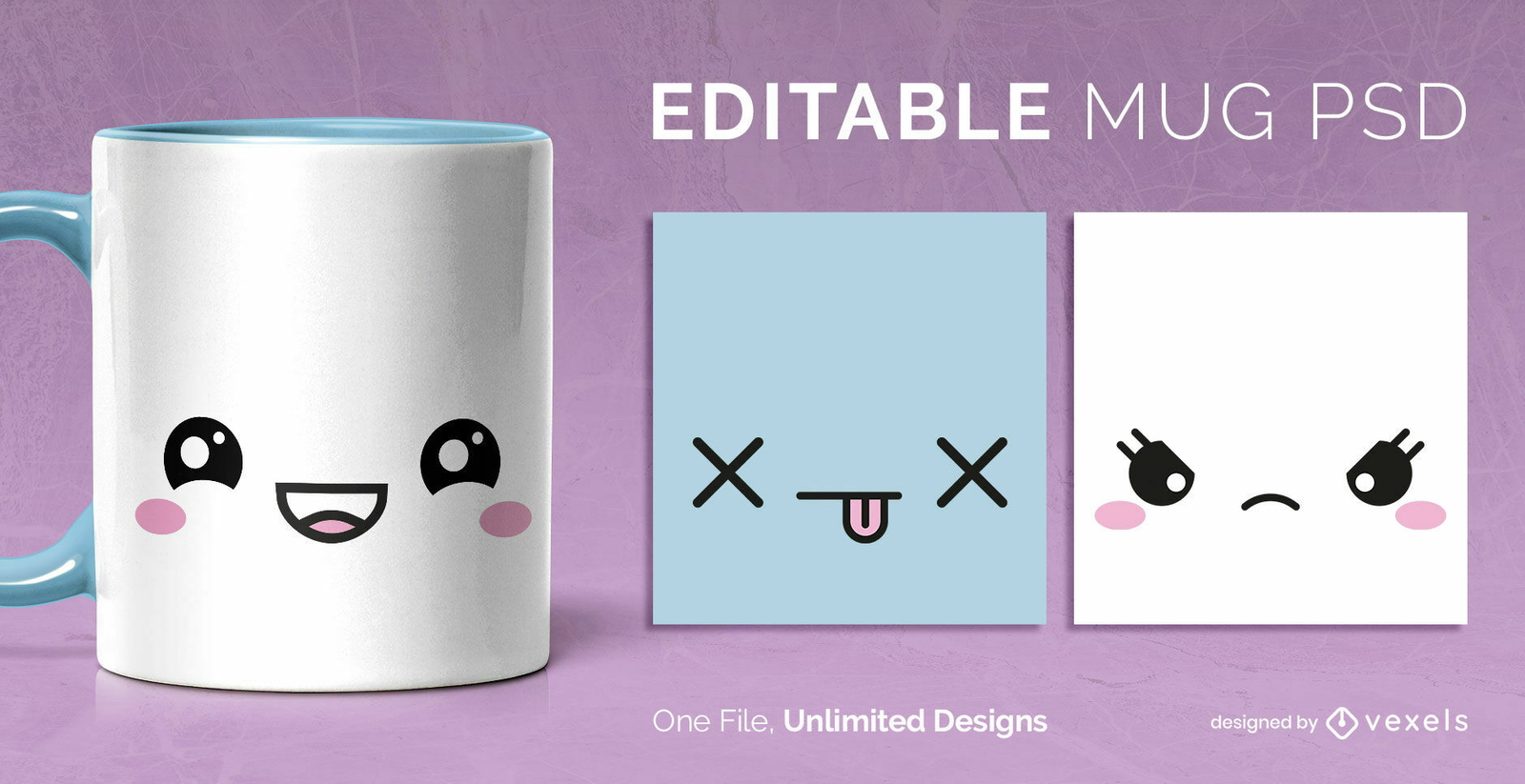 Plantilla de diseño de taza con caras kawaii escalable