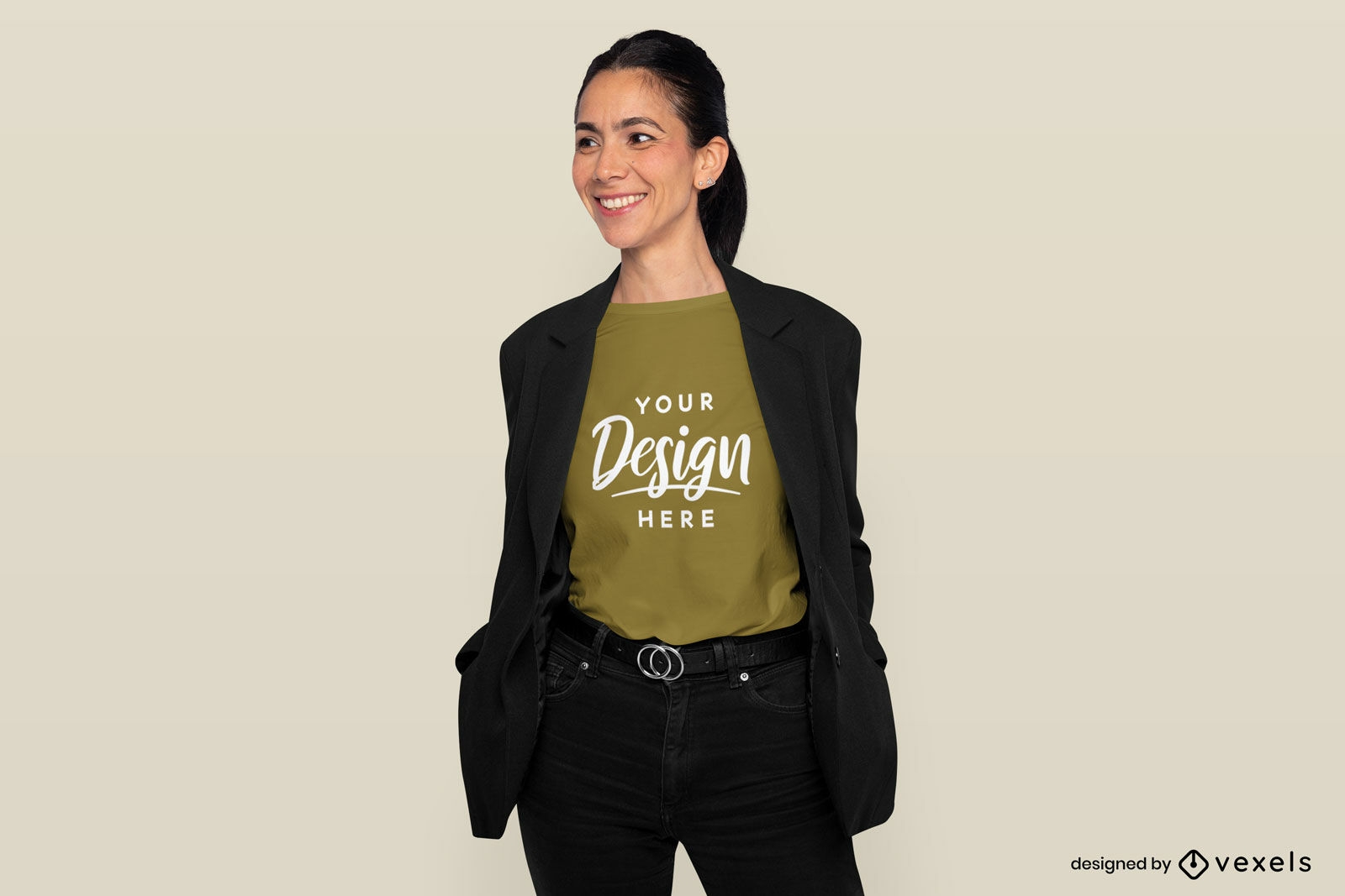 Young woman with blazer and t-shirt mockup