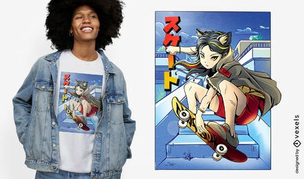Anime cat girl skateboarding t-shirt design