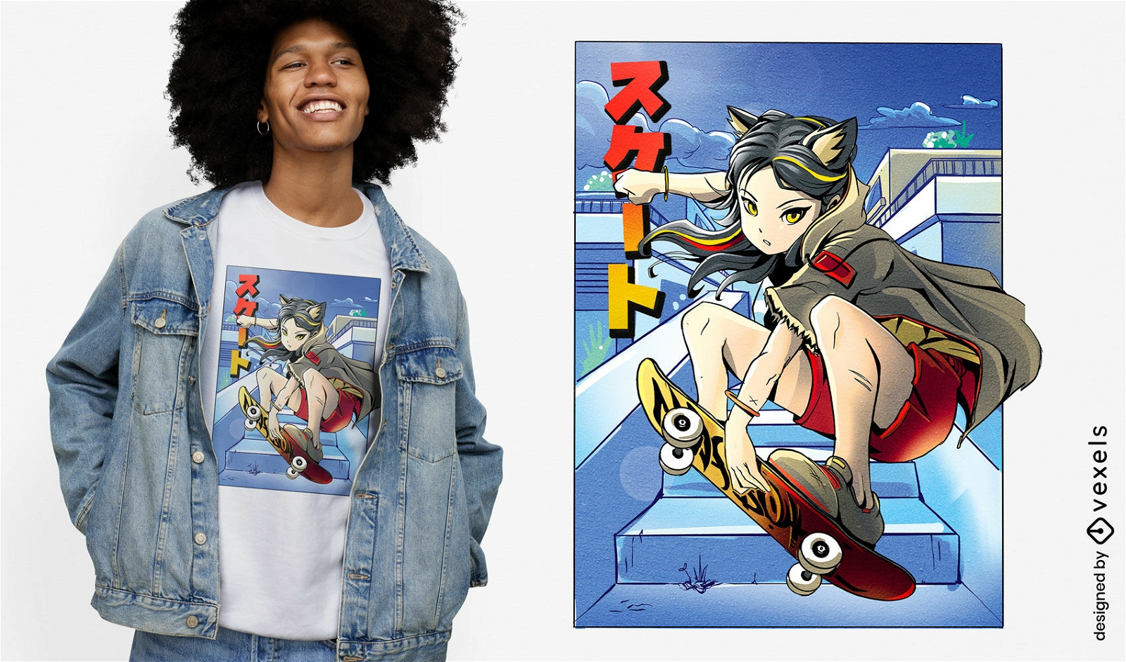 Anime-Katzenmädchen-Skateboard-T-Shirt-Design