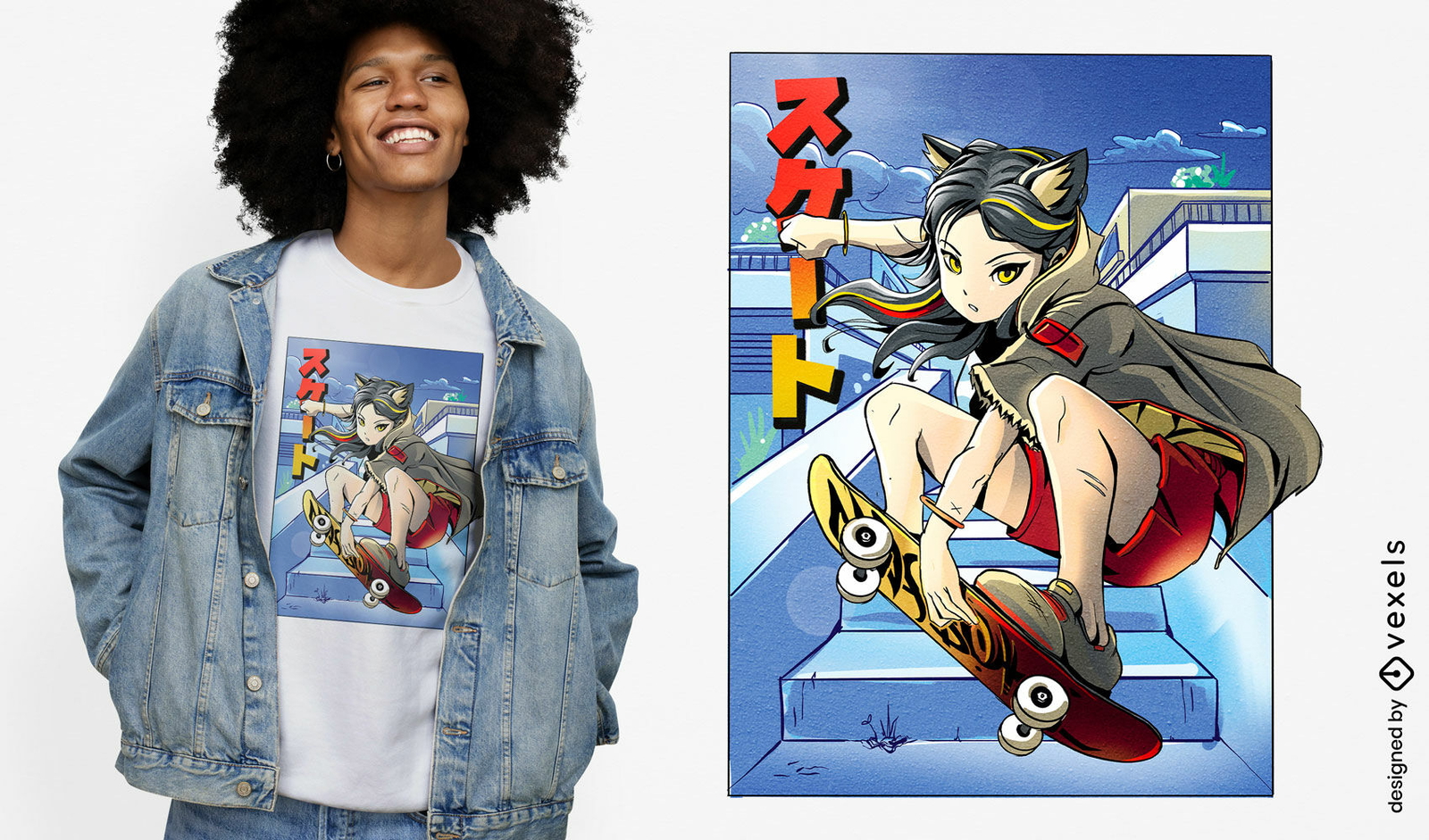 Diseño de camiseta de skate de anime cat girl