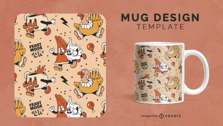Design de caneca de padrão de desenho animado de comida de ação de Graças