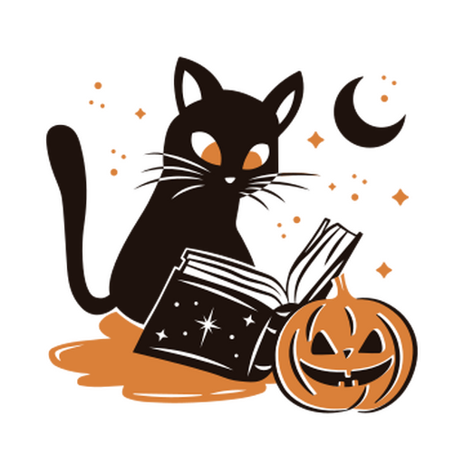 Gato preto lendo um livro de feitiços Desenho PNG
