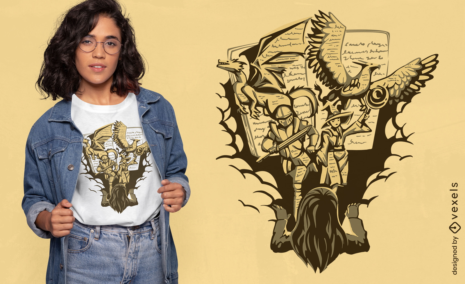 Chica con diseño de camiseta de libro de fantasía.