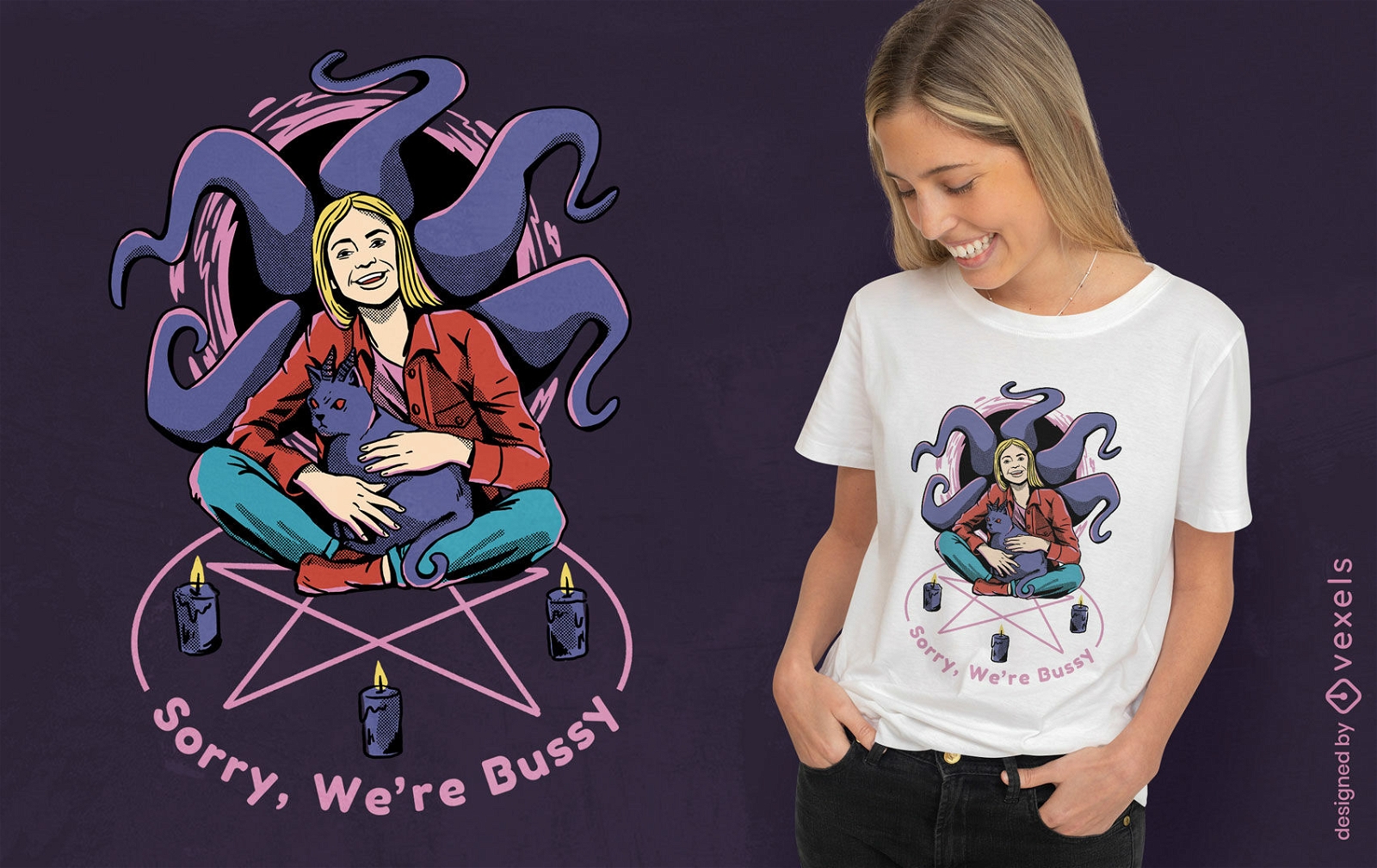 Satanic woman and cat in ritual t-shirt psd