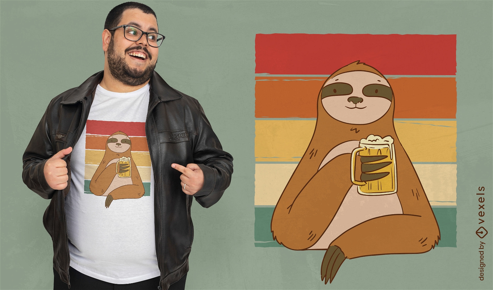 Sloth drinking beer retro sunset t-shirt design