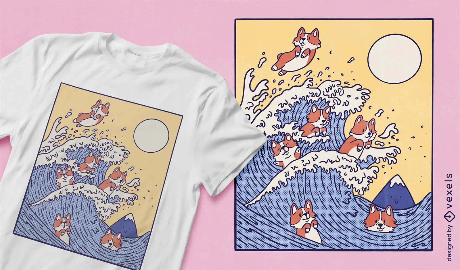 Corgis in wave t-shirt design