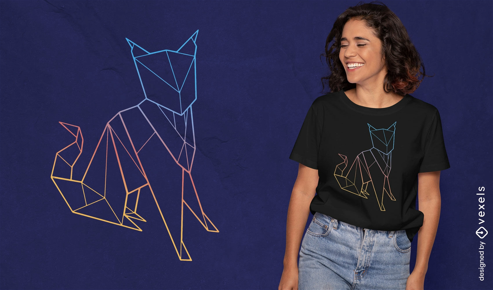Diseño de camiseta con degradado de arco iris de gato poligonal