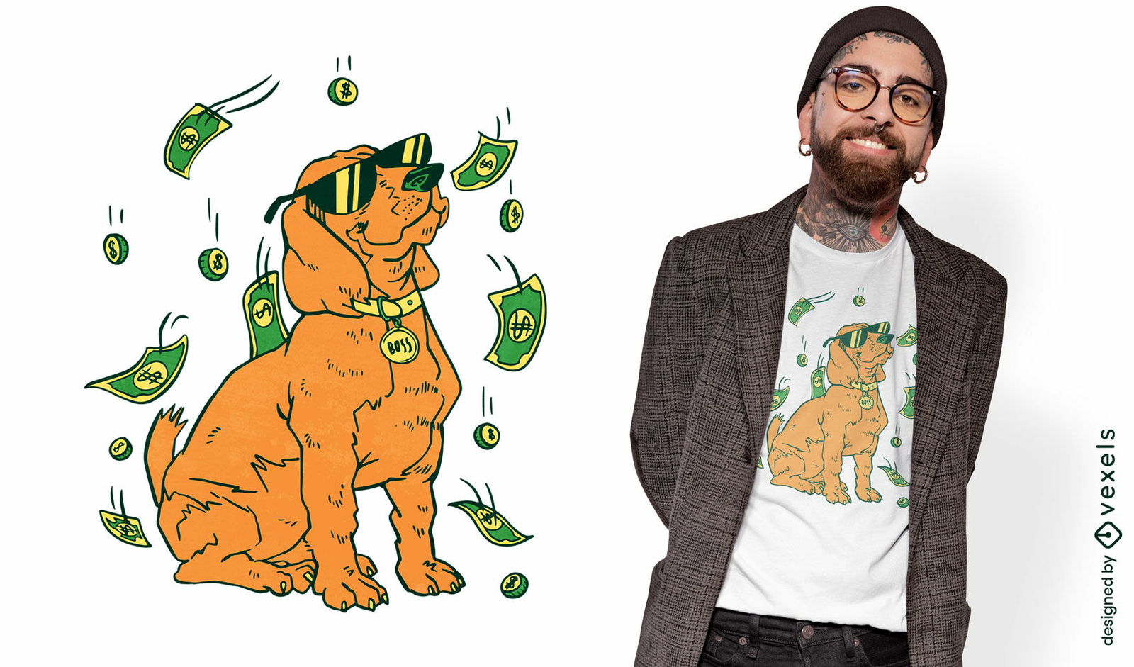 Perro con diseño de camiseta de billetes de dinero.