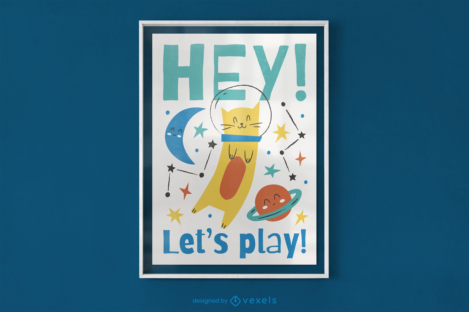 Juguemos al dise?o del cartel del gato espacial.